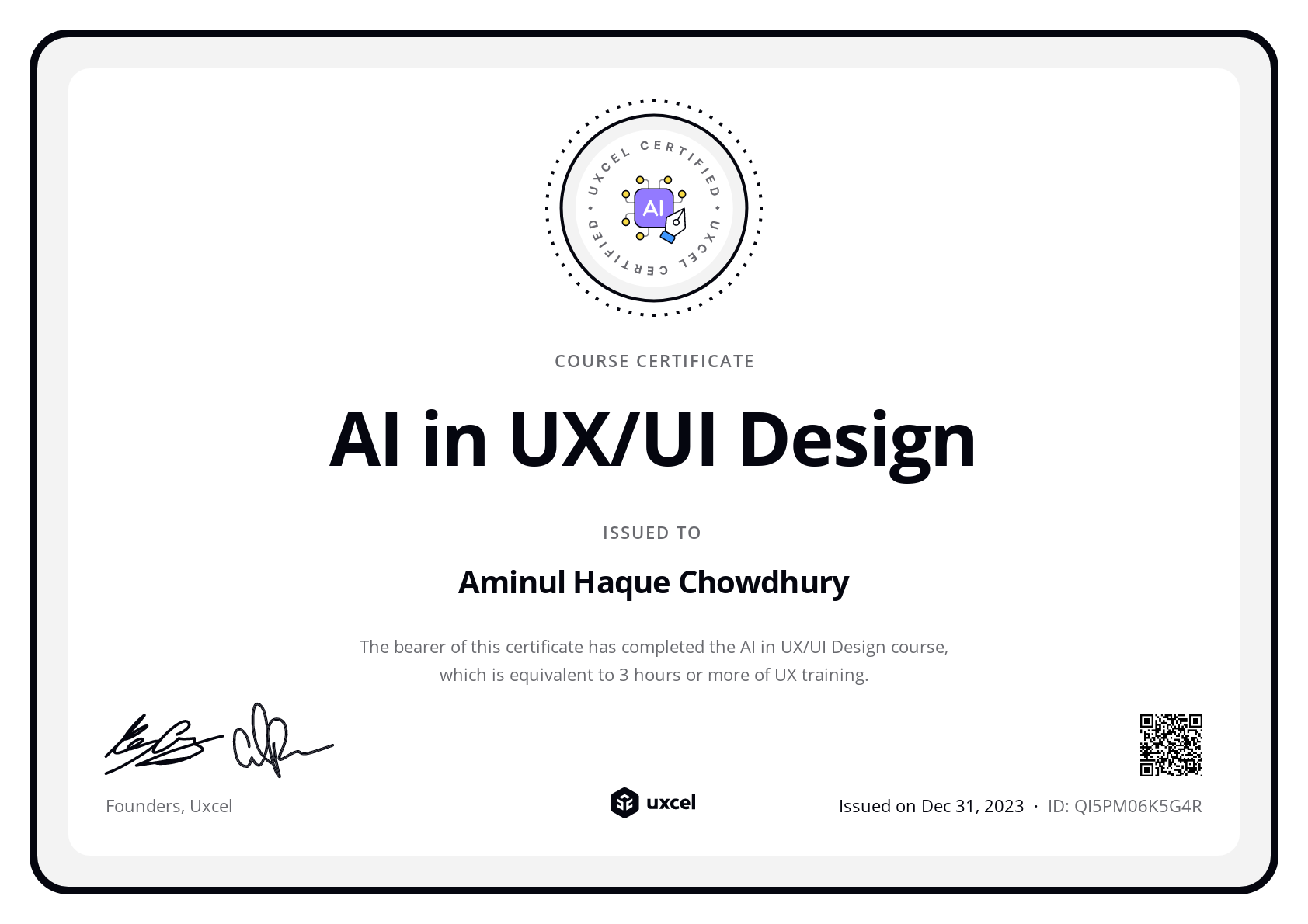 Aminul Haque Chowdhury's certificate